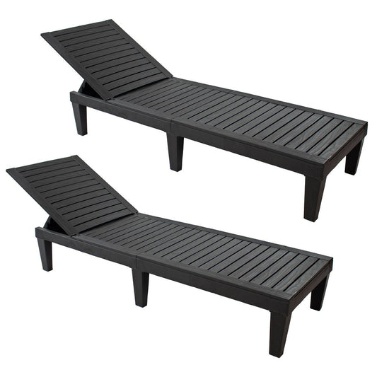 Set of Two Black Heavy Duty Plastic Five Position Adjustable Outdoor Chaise Lounges