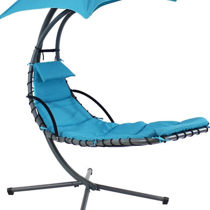 74" Silver Steel Outdoor Floating Chaise Lounge with Teal Blue Cushion And Canopy HomeRoots