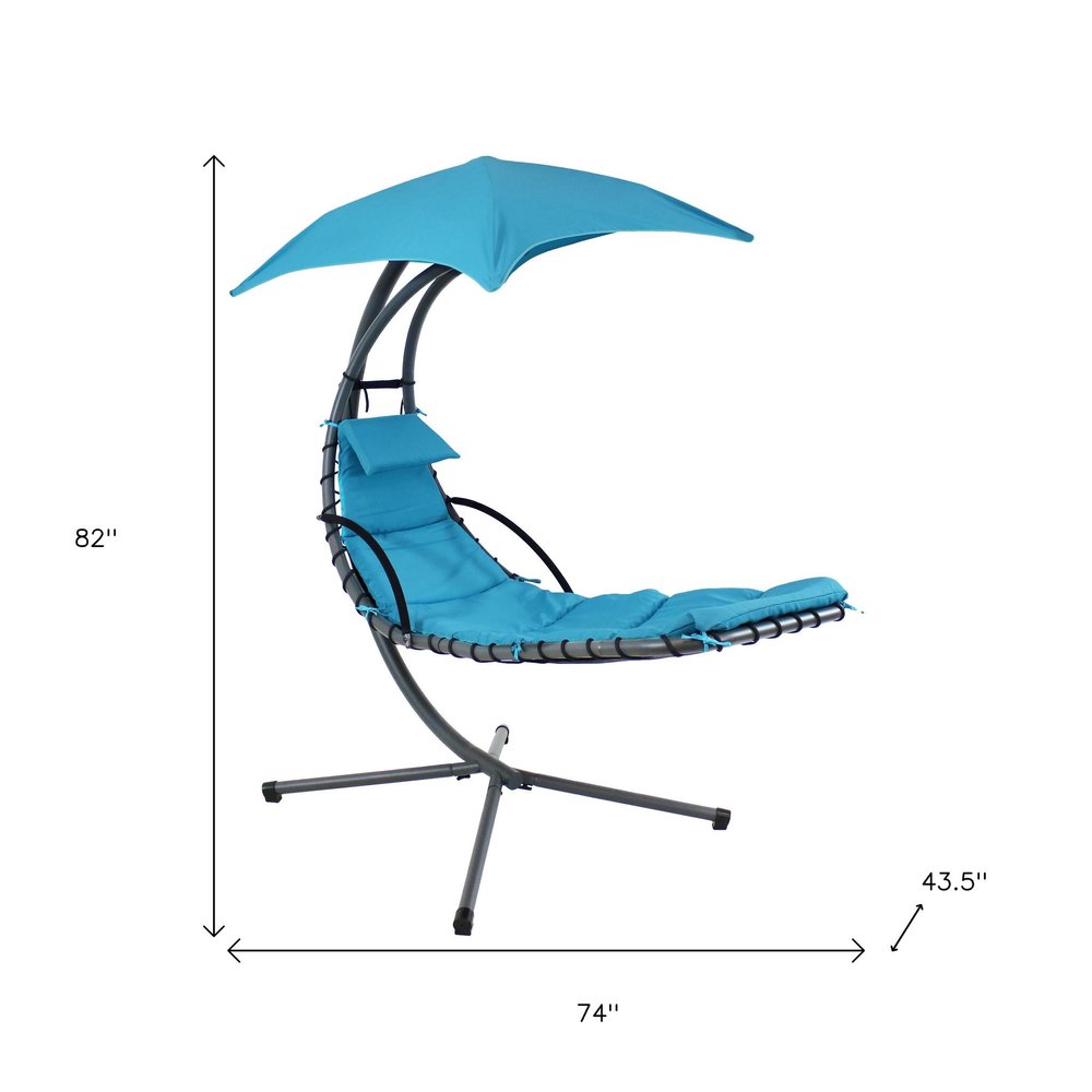 74" Silver Steel Outdoor Floating Chaise Lounge with Teal Blue Cushion And Canopy HomeRoots