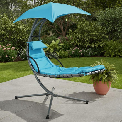 74" Silver Steel Outdoor Floating Chaise Lounge with Teal Blue Cushion And Canopy HomeRoots