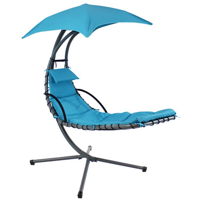 74" Silver Steel Outdoor Floating Chaise Lounge with Teal Blue Cushion And Canopy HomeRoots