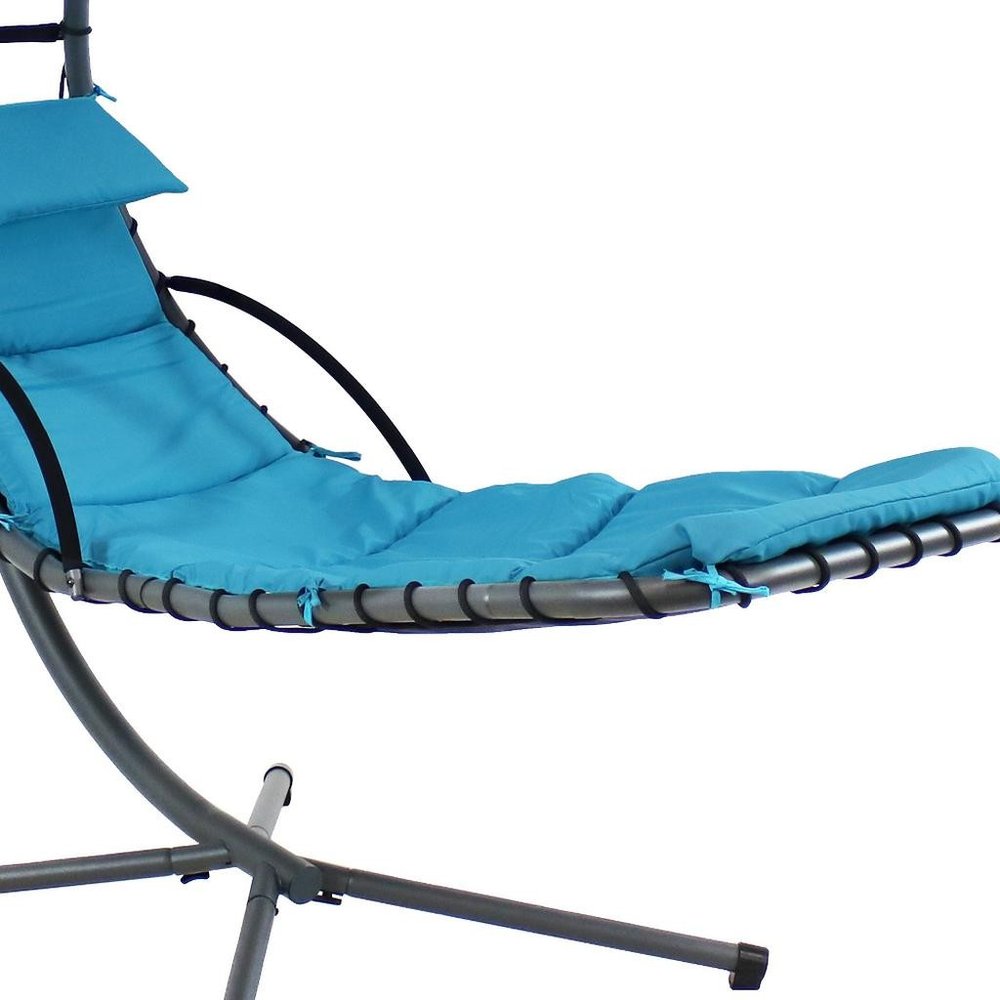 74" Silver Steel Outdoor Floating Chaise Lounge with Teal Blue Cushion And Canopy HomeRoots