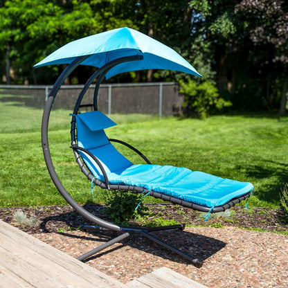 74" Silver Steel Outdoor Floating Chaise Lounge with Teal Blue Cushion And Canopy HomeRoots