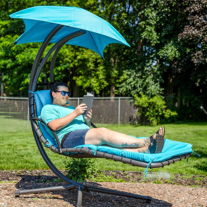 74" Silver Steel Outdoor Floating Chaise Lounge with Teal Blue Cushion And Canopy HomeRoots