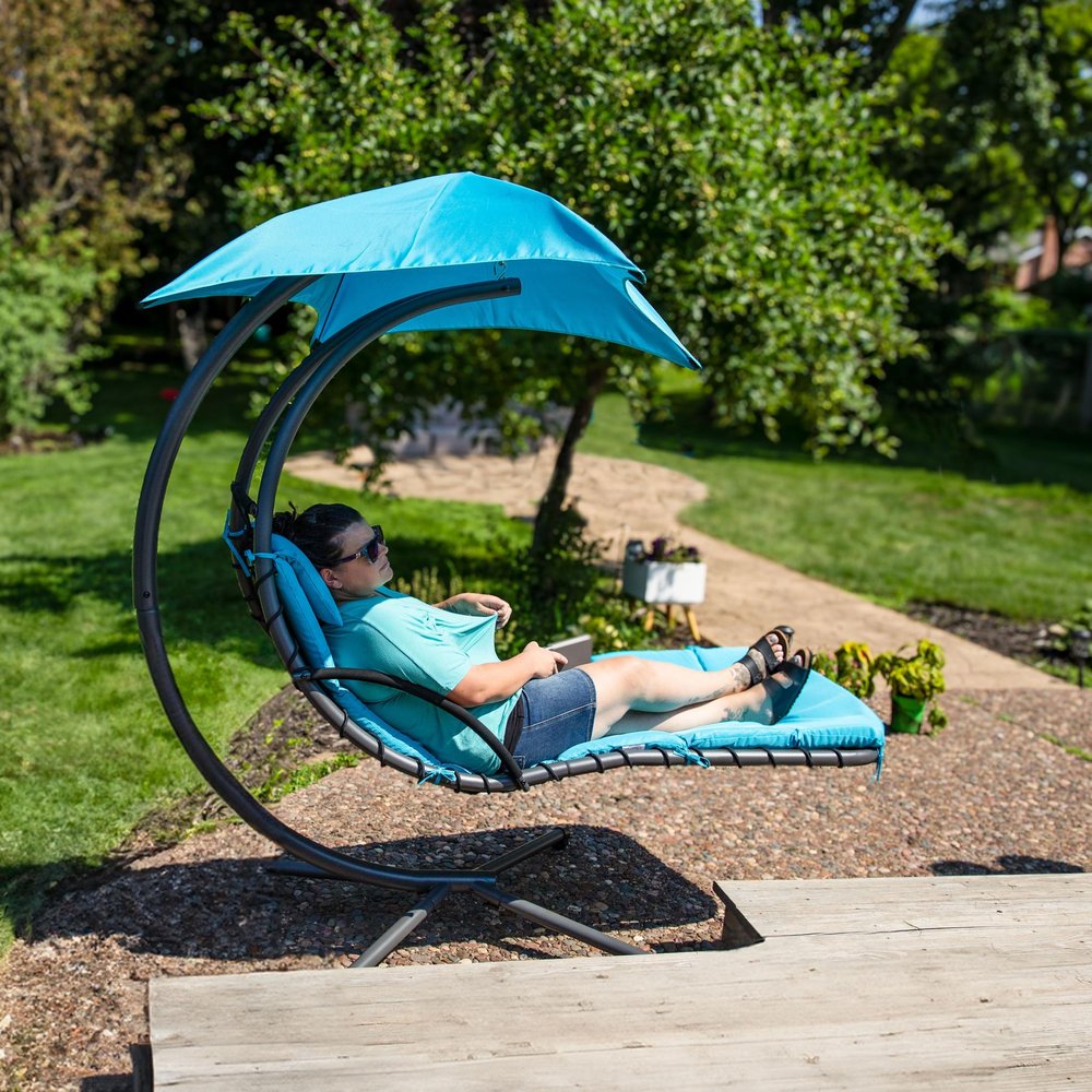 74" Silver Steel Outdoor Floating Chaise Lounge with Teal Blue Cushion And Canopy HomeRoots