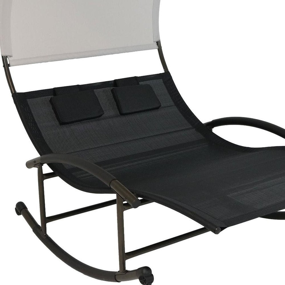 70" Black Steel Sling Outdoor Rocking Chaise Lounge With Canopy HomeRoots