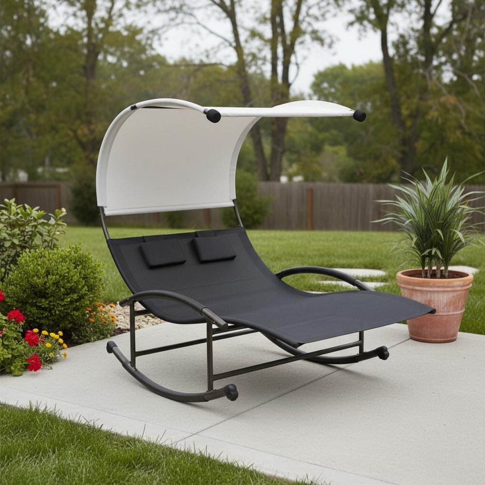 70" Black Steel Sling Outdoor Rocking Chaise Lounge With Canopy HomeRoots