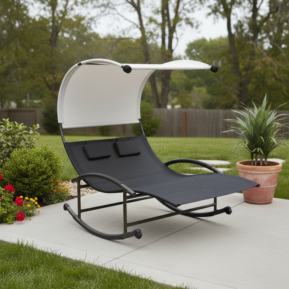 70" Black Steel Sling Outdoor Rocking Chaise Lounge With Canopy HomeRoots
