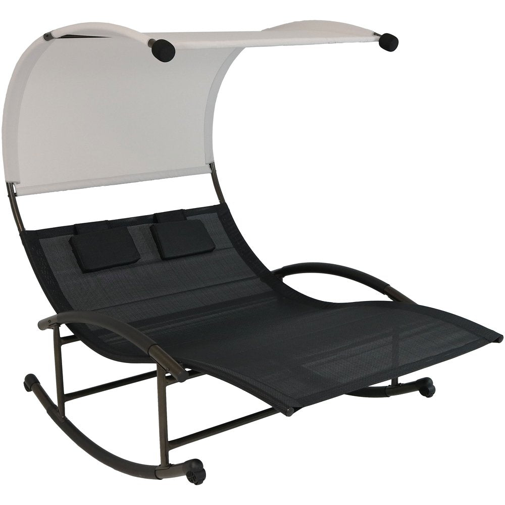 70" Black Steel Sling Outdoor Rocking Chaise Lounge With Canopy HomeRoots