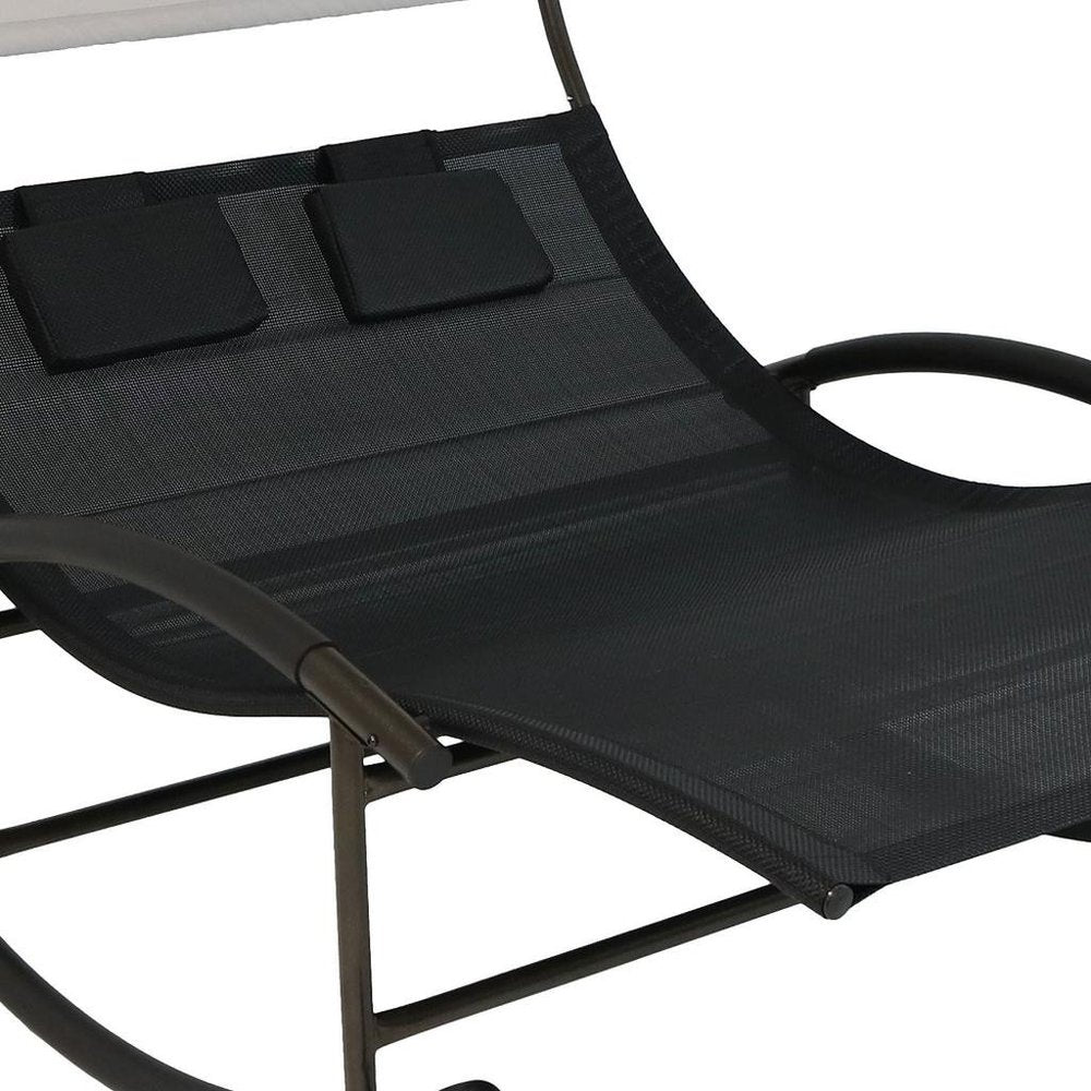 70" Black Steel Sling Outdoor Rocking Chaise Lounge With Canopy HomeRoots