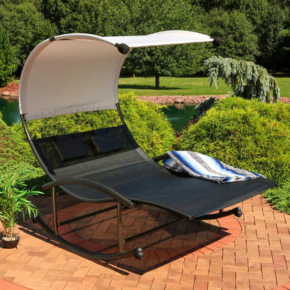 70" Black Steel Sling Outdoor Rocking Chaise Lounge With Canopy HomeRoots