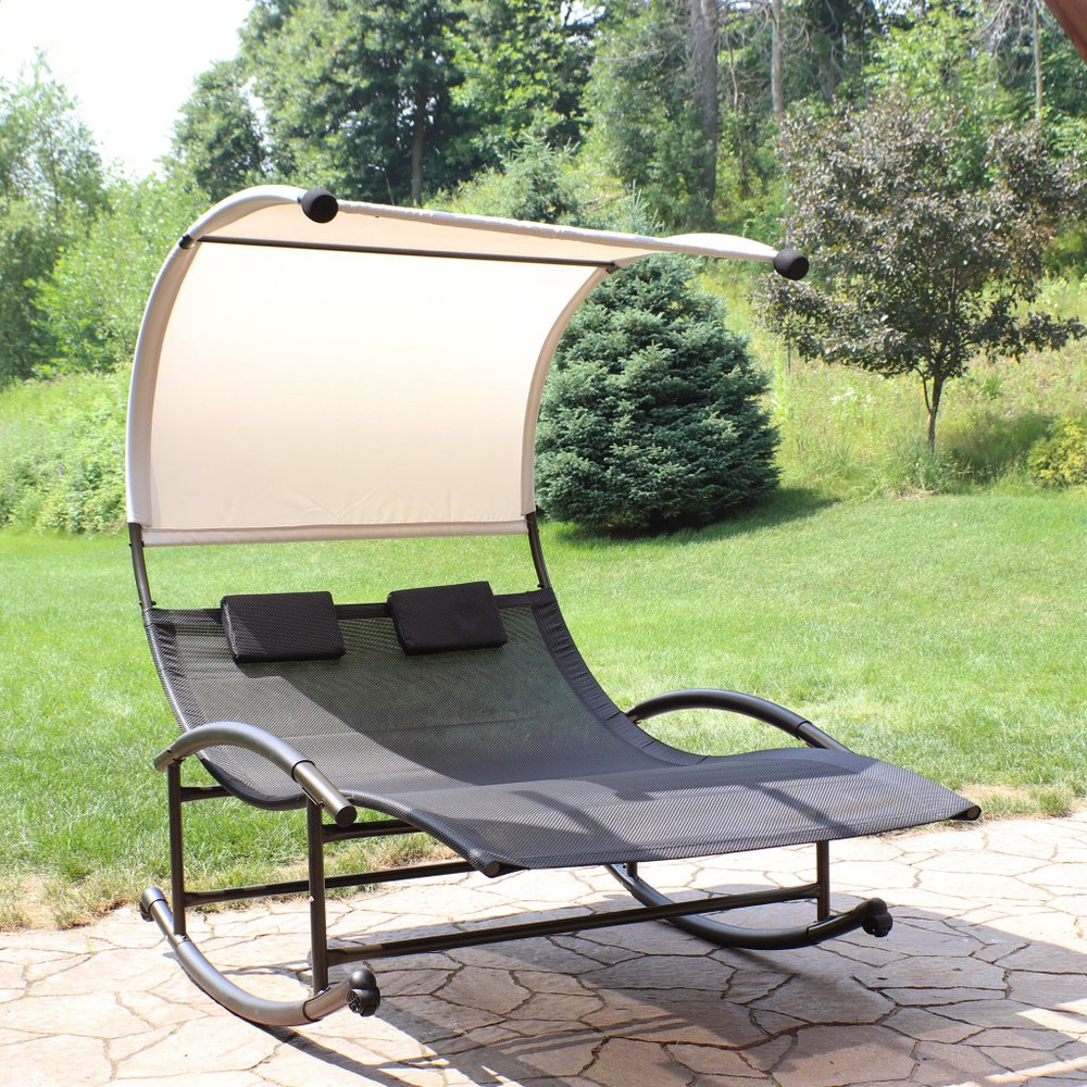 70" Black Steel Sling Outdoor Rocking Chaise Lounge With Canopy HomeRoots