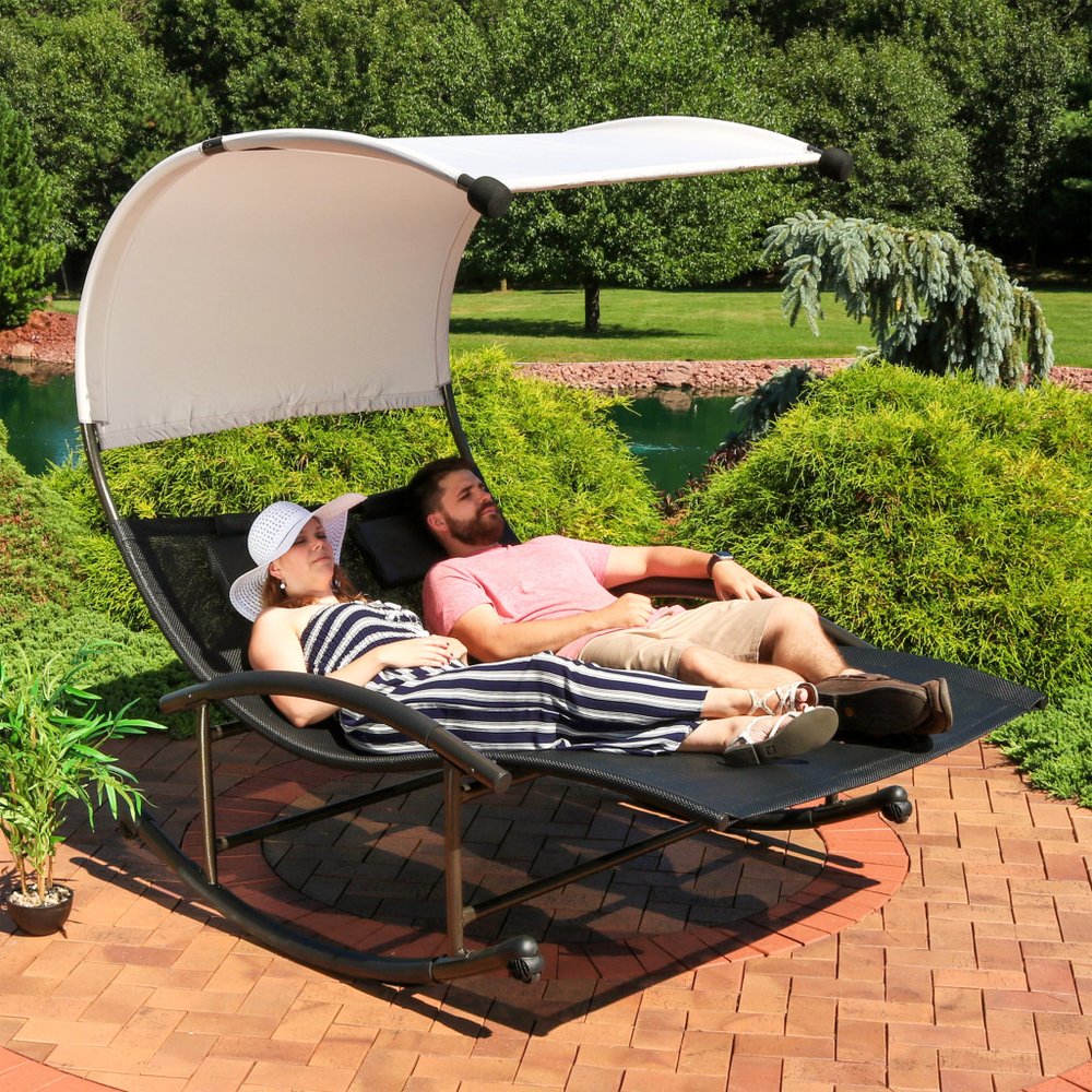 70" Black Steel Sling Outdoor Rocking Chaise Lounge With Canopy HomeRoots