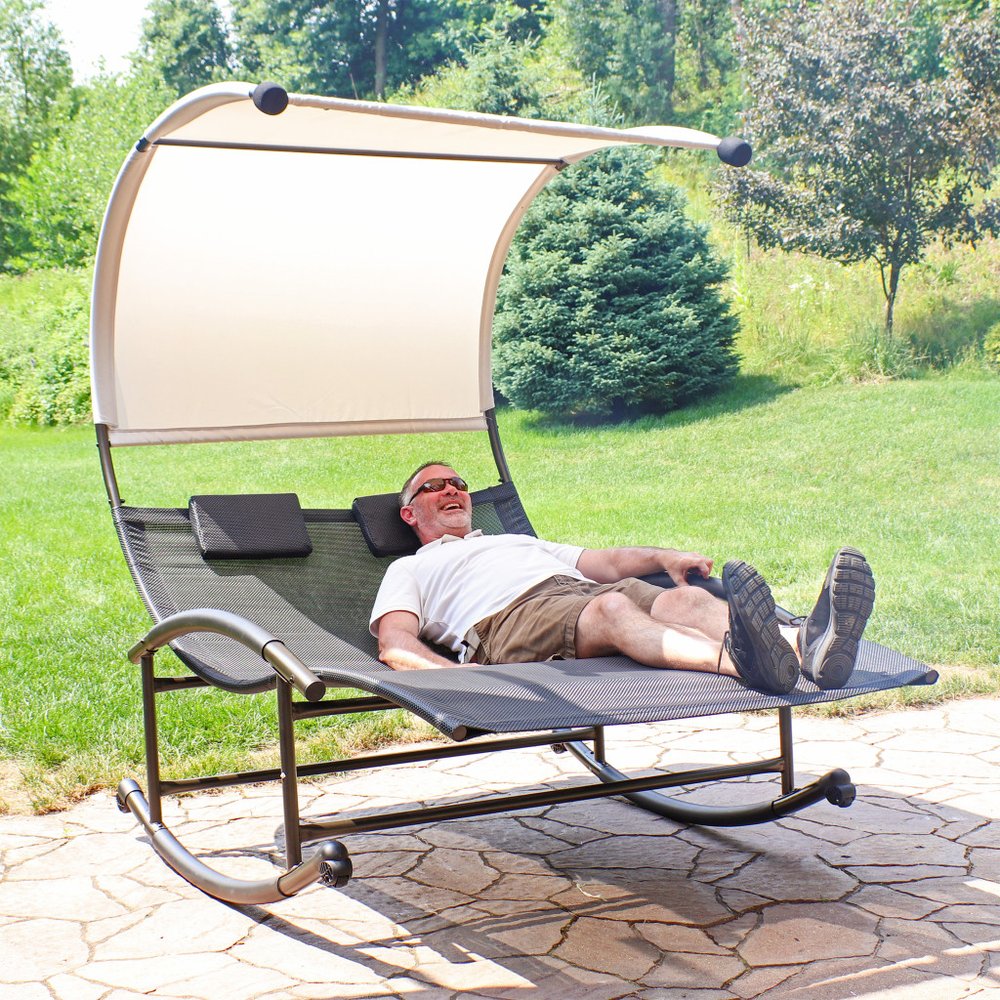 70" Black Steel Sling Outdoor Rocking Chaise Lounge With Canopy HomeRoots