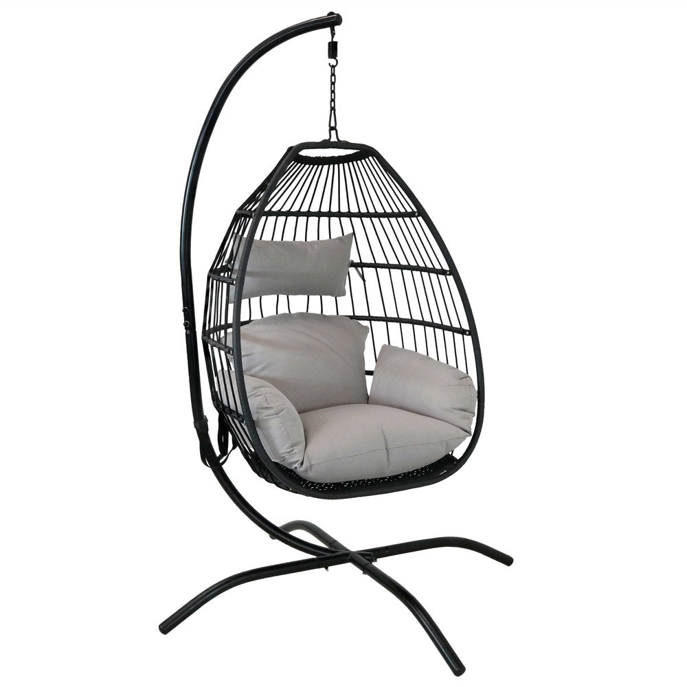 46" Black Steel Outdoor Folding Egg Chair with Gray Cushion HomeRoots
