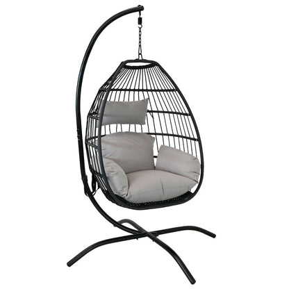 46" Black Steel Outdoor Folding Egg Chair with Gray Cushion HomeRoots