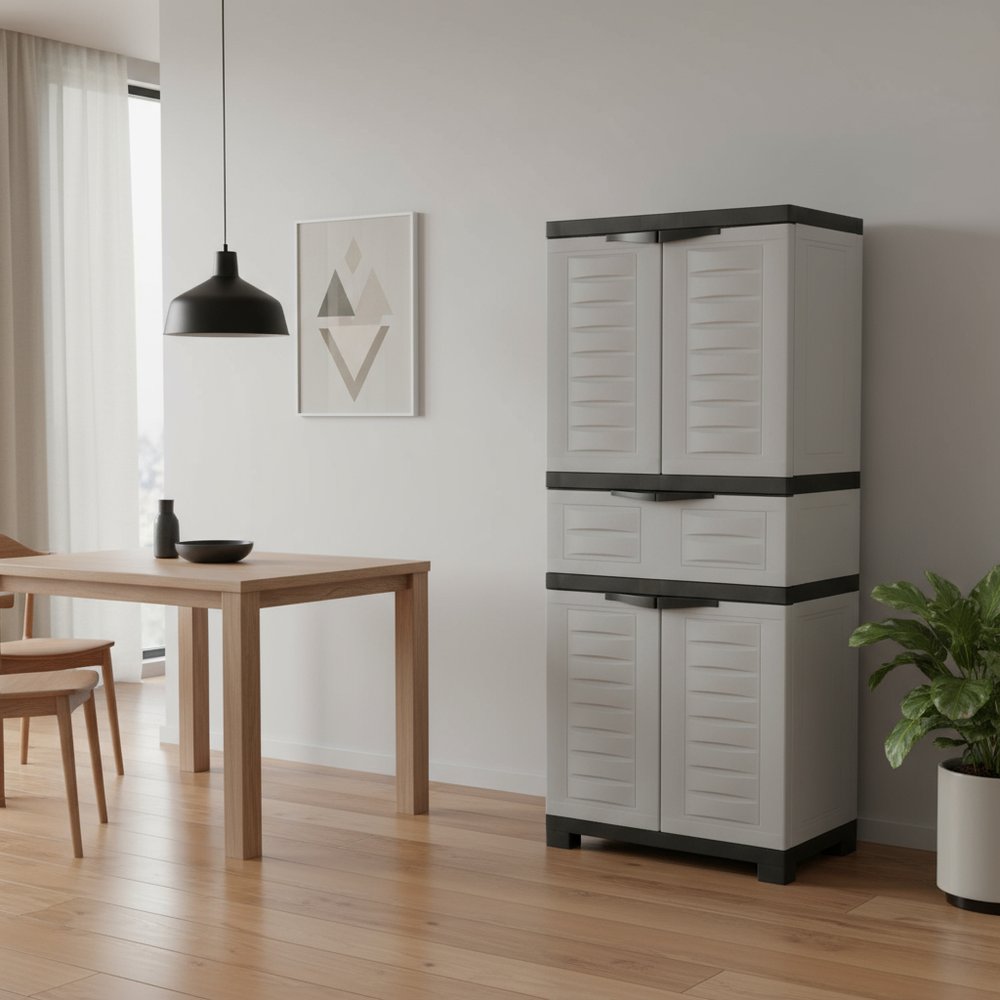 23" Black and Gray Plastic Accent Cabinet With Four Doors And One Drawer HomeRoots