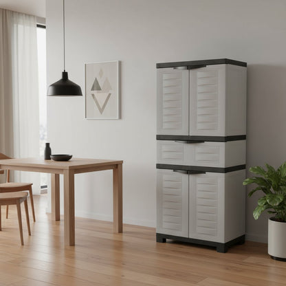 23" Black and Gray Plastic Accent Cabinet With Four Doors And One Drawer HomeRoots