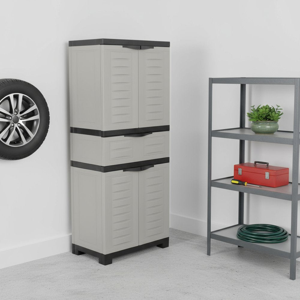 23" Black and Gray Plastic Accent Cabinet With Four Doors And One Drawer HomeRoots