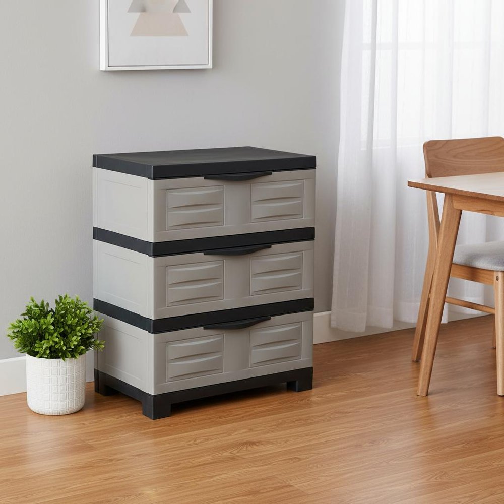 23" Gray and Black Plastic Accent Cabinet With Three Drawers HomeRoots
