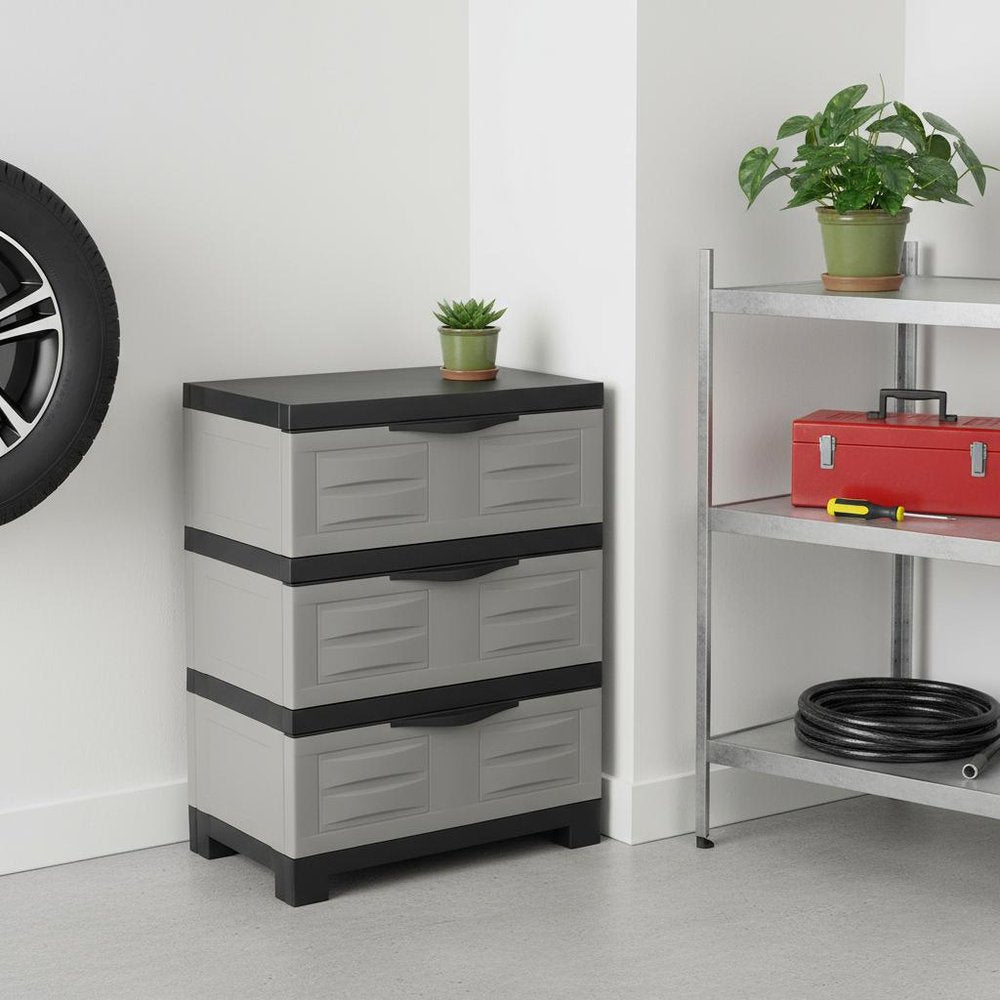 23" Gray and Black Plastic Accent Cabinet With Three Drawers HomeRoots