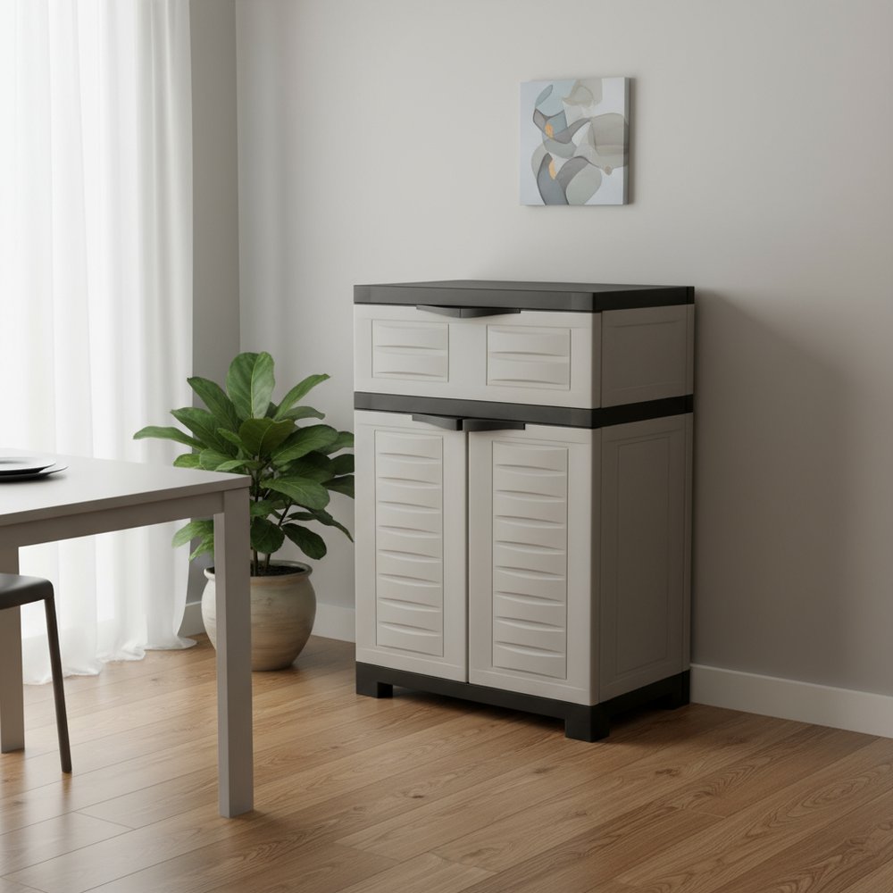 24" Gray Plastic Accent Cabinet With Two Doors And One Drawer HomeRoots