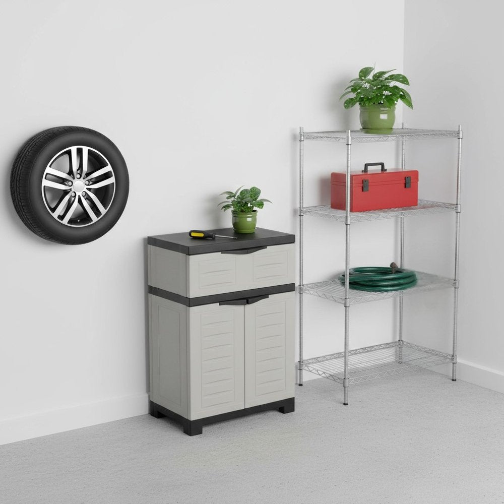 24" Gray Plastic Accent Cabinet With Two Doors And One Drawer HomeRoots