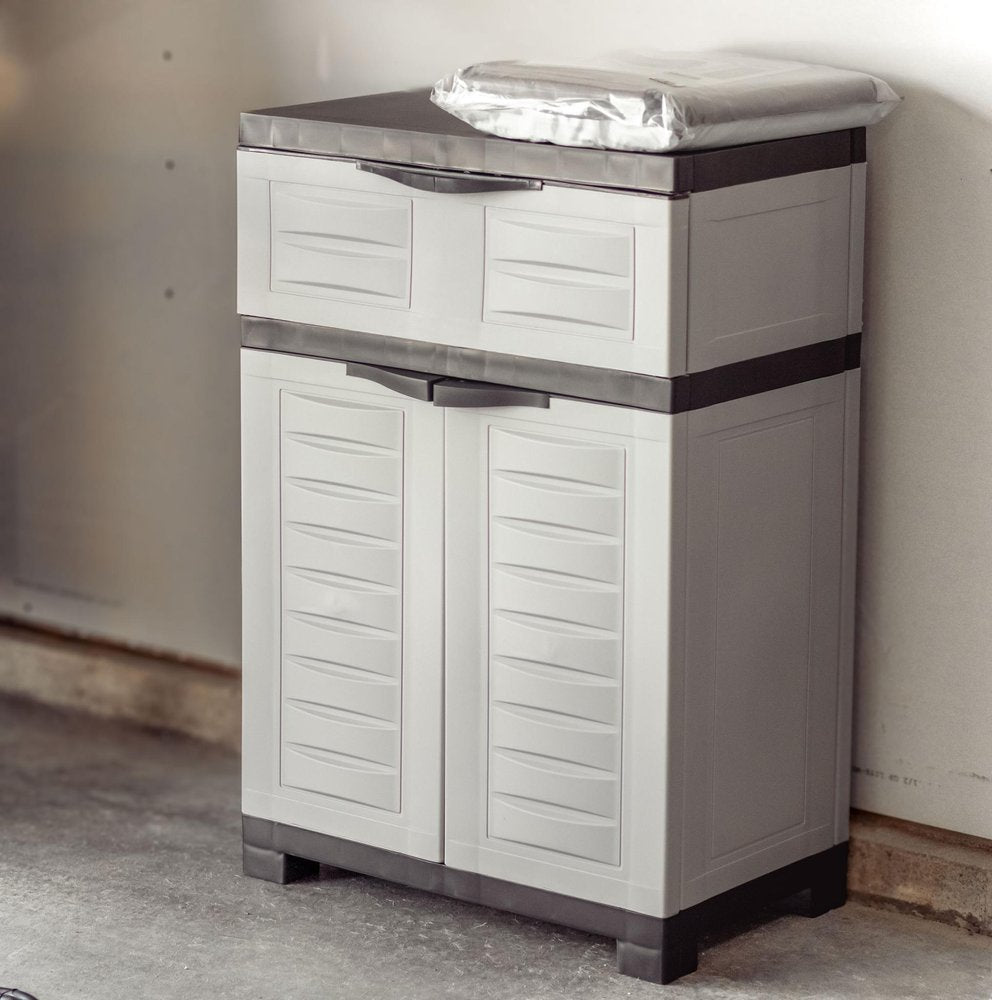 24" Gray Plastic Accent Cabinet With Two Doors And One Drawer HomeRoots