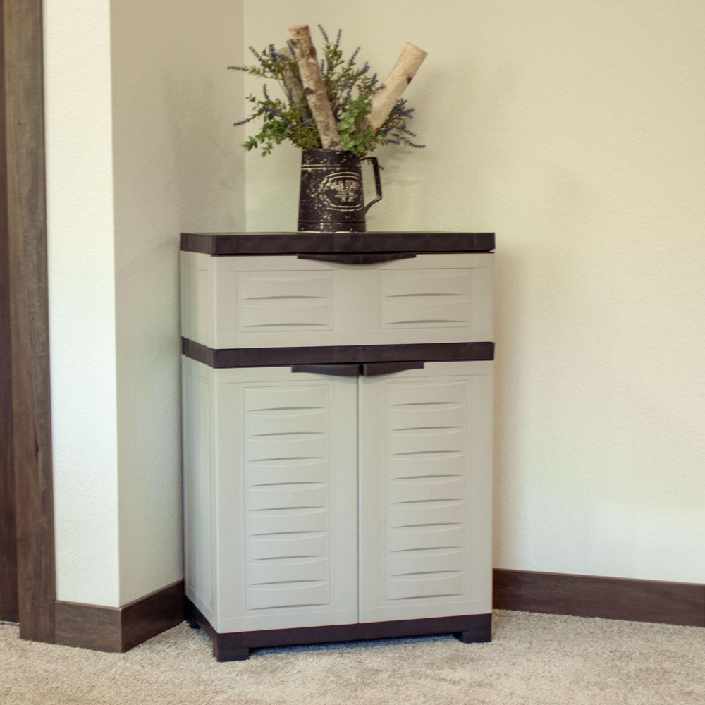 24" Gray Plastic Accent Cabinet With Two Doors And One Drawer HomeRoots
