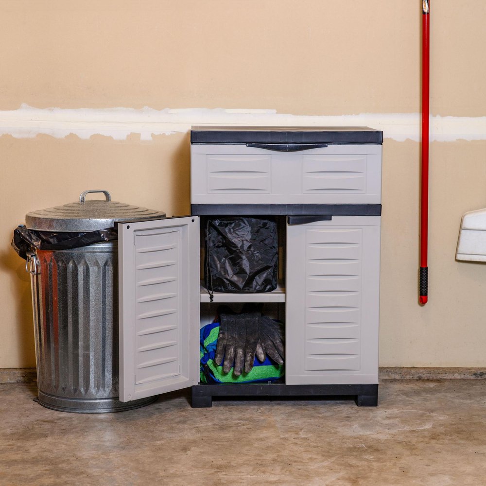 24" Gray Plastic Accent Cabinet With Two Doors And One Drawer HomeRoots