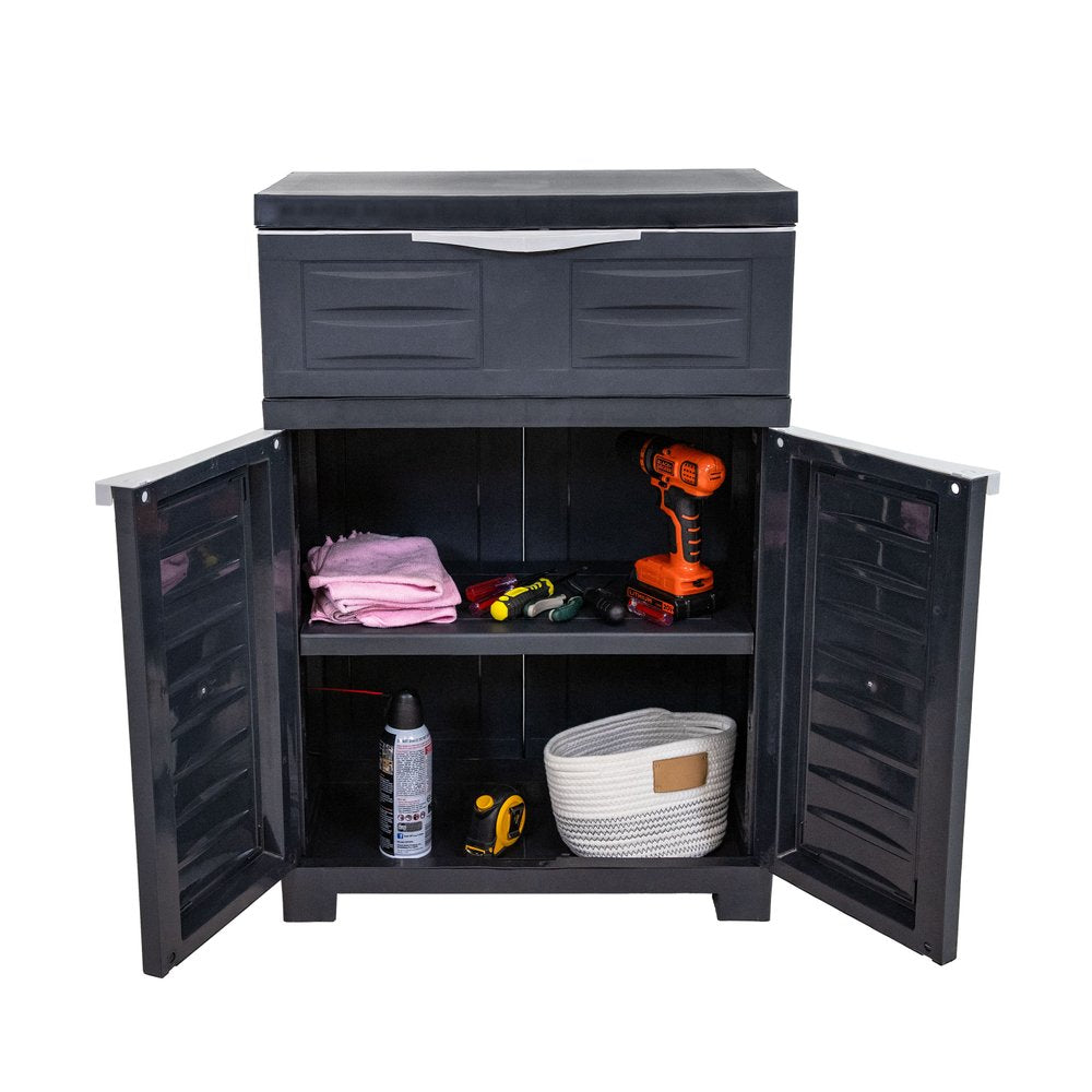 24" Charcoal Plastic Accent Cabinet With Two Doors And One Drawer HomeRoots