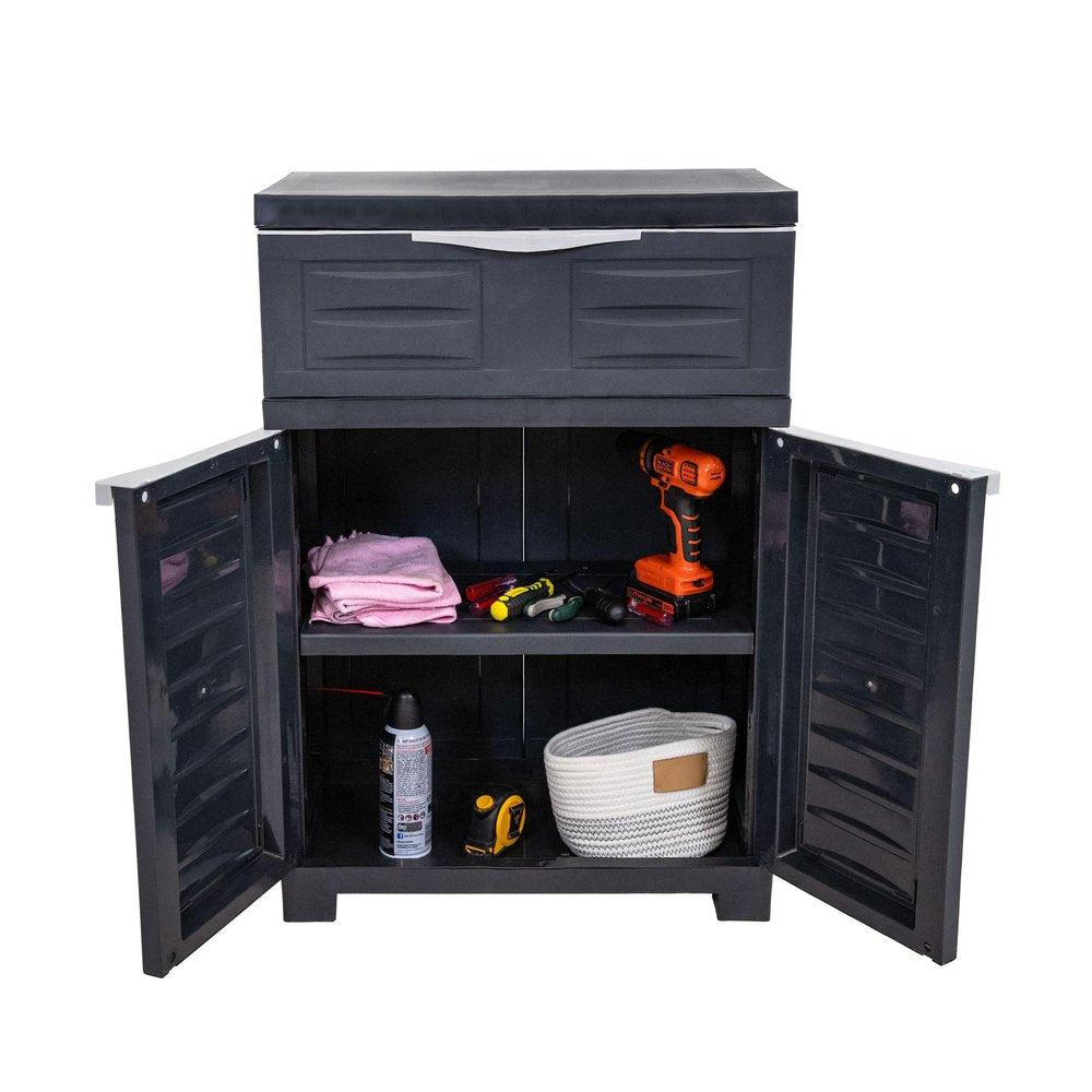24" Charcoal Plastic Accent Cabinet With Two Doors And One Drawer HomeRoots