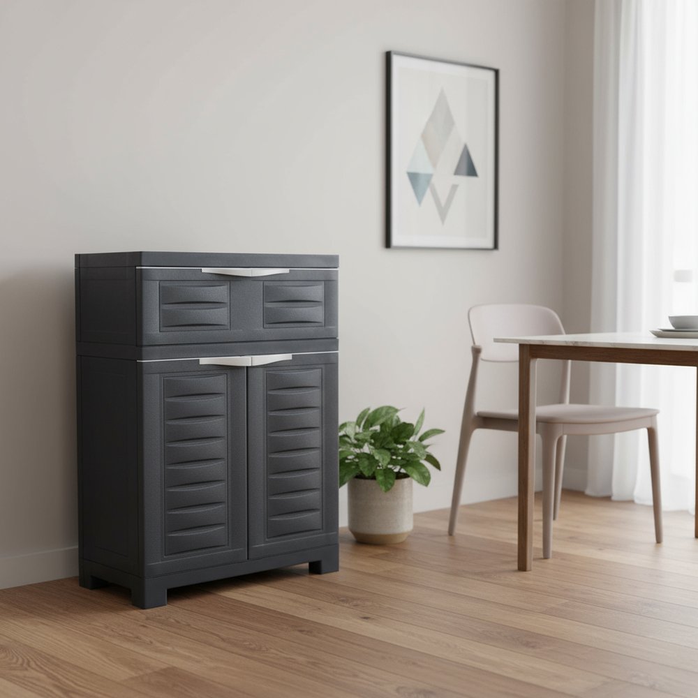 24" Charcoal Plastic Accent Cabinet With Two Doors And One Drawer HomeRoots
