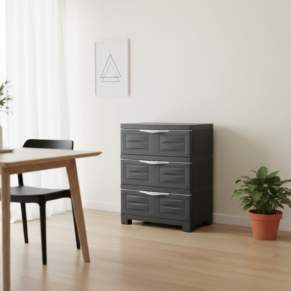 23" Charcoal Heavy Duty Plastic Cabinet With Three Drawers HomeRoots