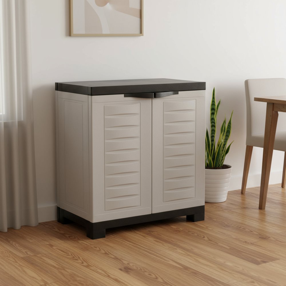23" Black and Gray Plastic Accent Cabinet With Two Doors HomeRoots