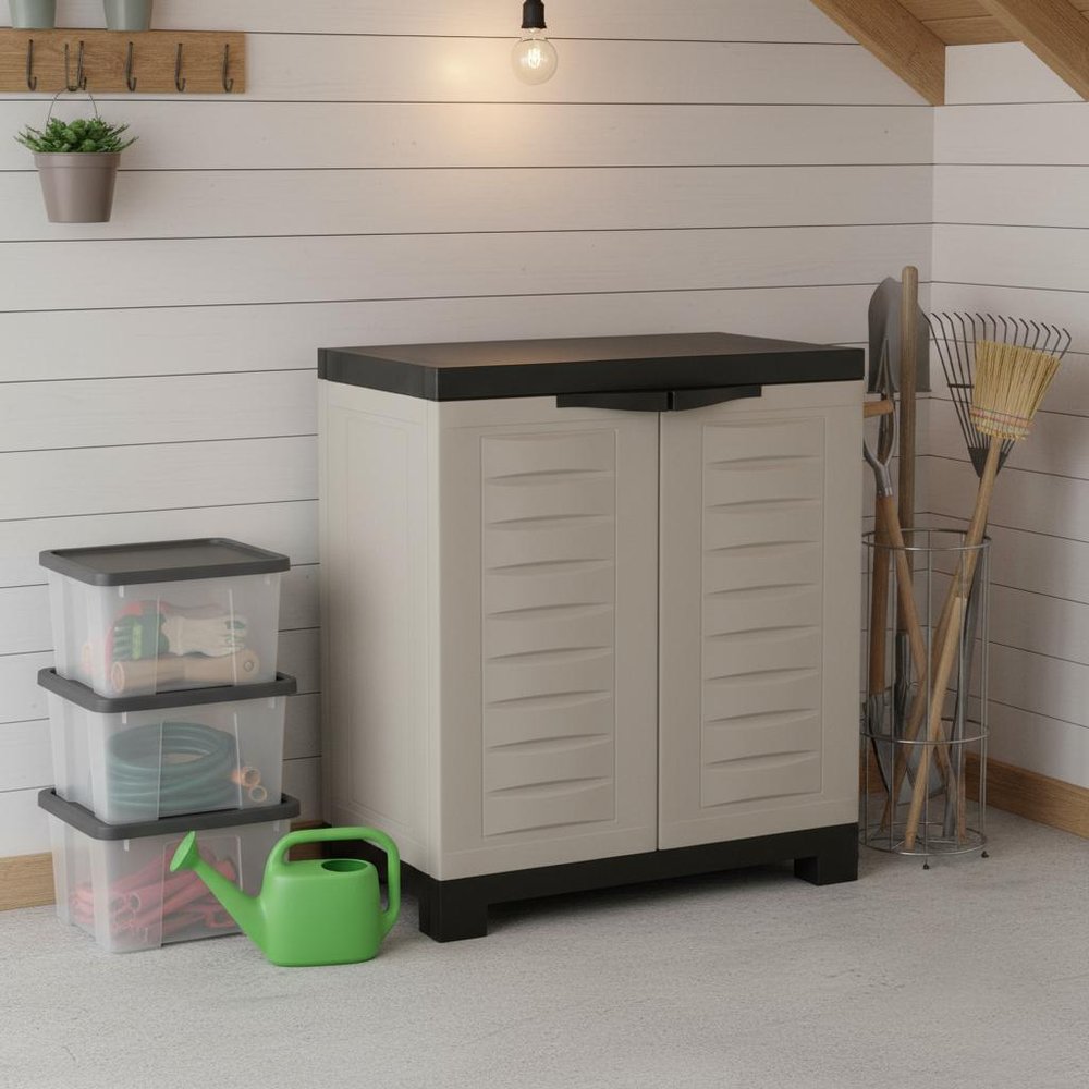 23" Black and Gray Plastic Accent Cabinet With Two Doors HomeRoots