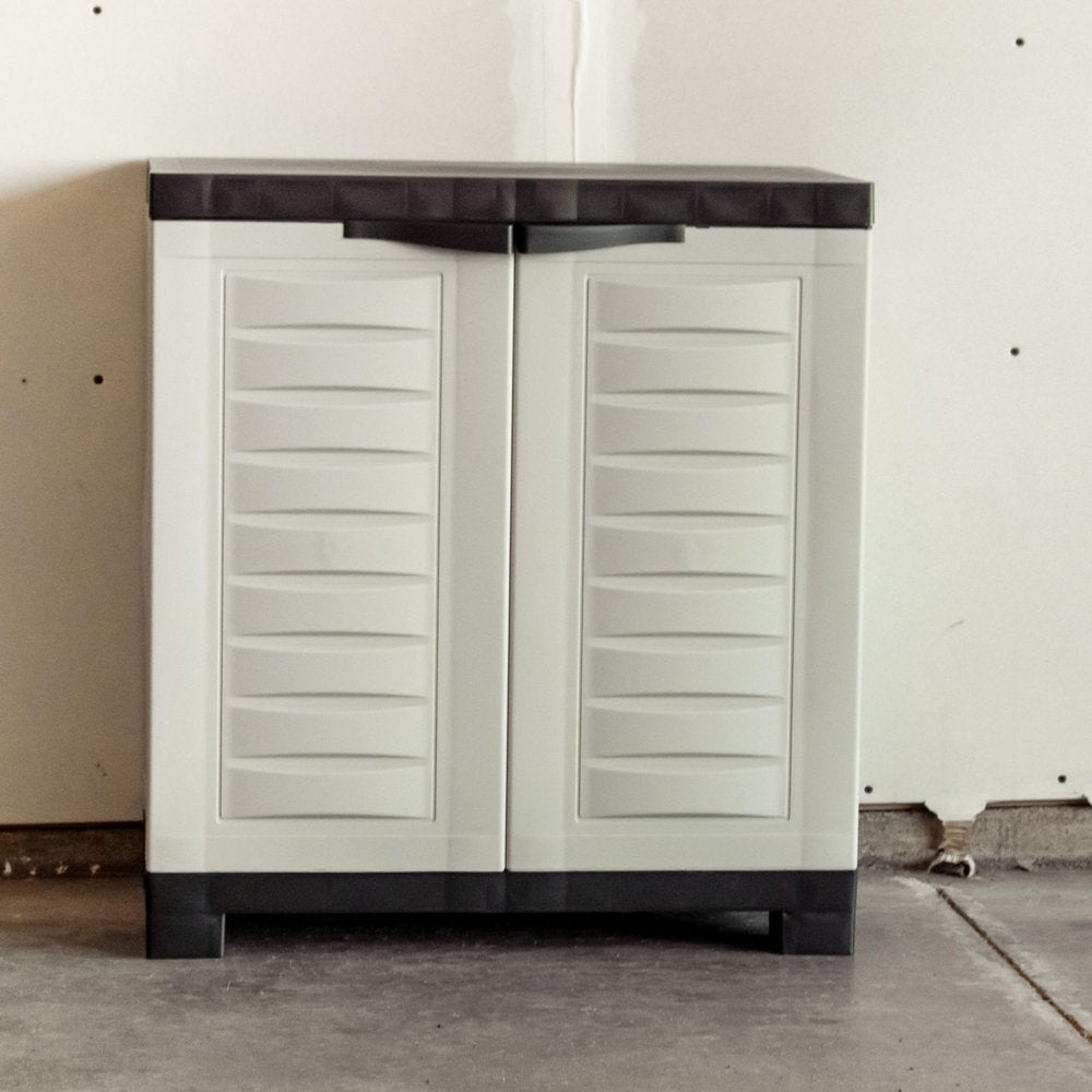 23" Black and Gray Plastic Accent Cabinet With Two Doors HomeRoots