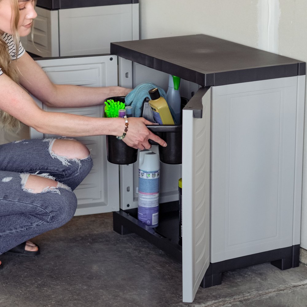 23" Black and Gray Plastic Accent Cabinet With Two Doors HomeRoots