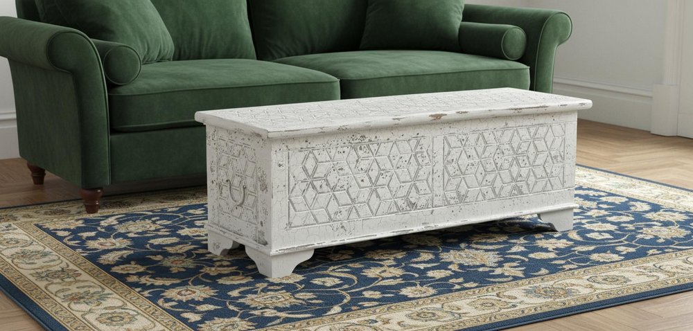 52" White Rustic Solid Wood Geometric Storage Ottoman HomeRoots