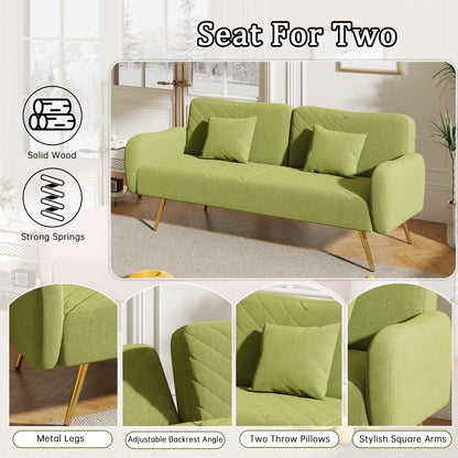 70.47" Green Fabric Double Sofa with Split Backrest and Two Throw Pillows - FurniFindUSA