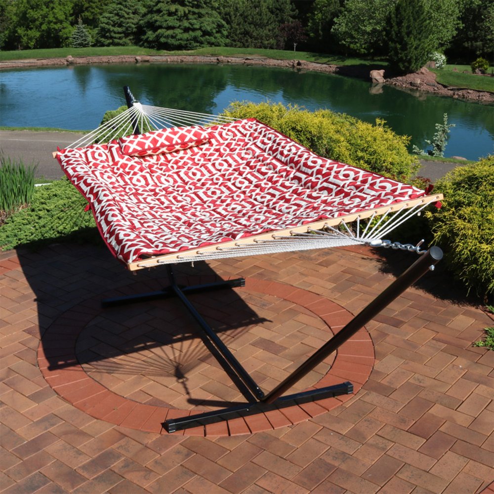 Red Geometric Double Hammock Hammock Stand Included HomeRoots