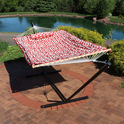 Red Geometric Double Hammock Hammock Stand Included HomeRoots