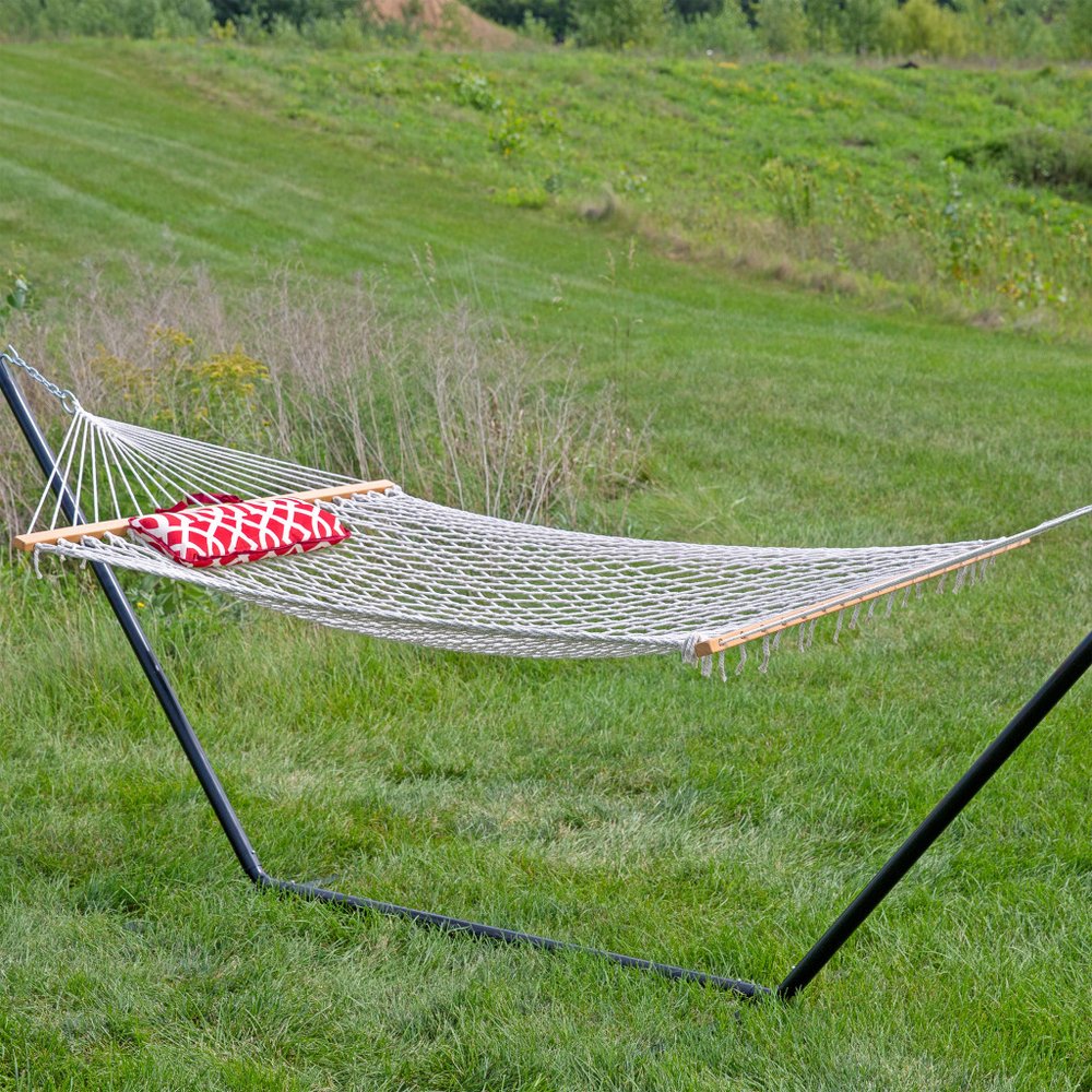 Red Geometric Double Hammock Hammock Stand Included HomeRoots