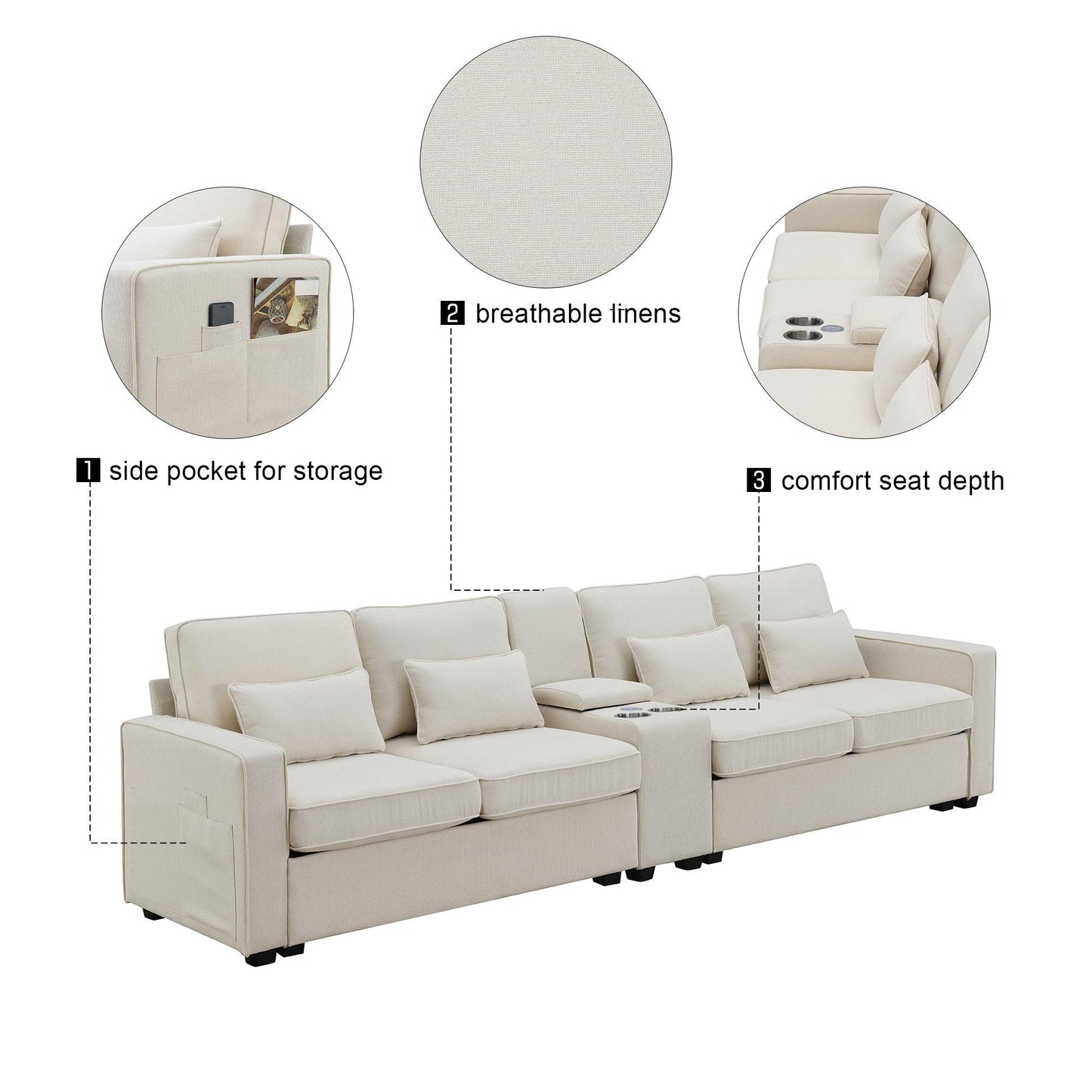 114.2" Upholstered Sofa with Console 2 Cupholders and 2 USB Ports Wired or Wirelessly Charged (4-Seat) - FurniFindUSA