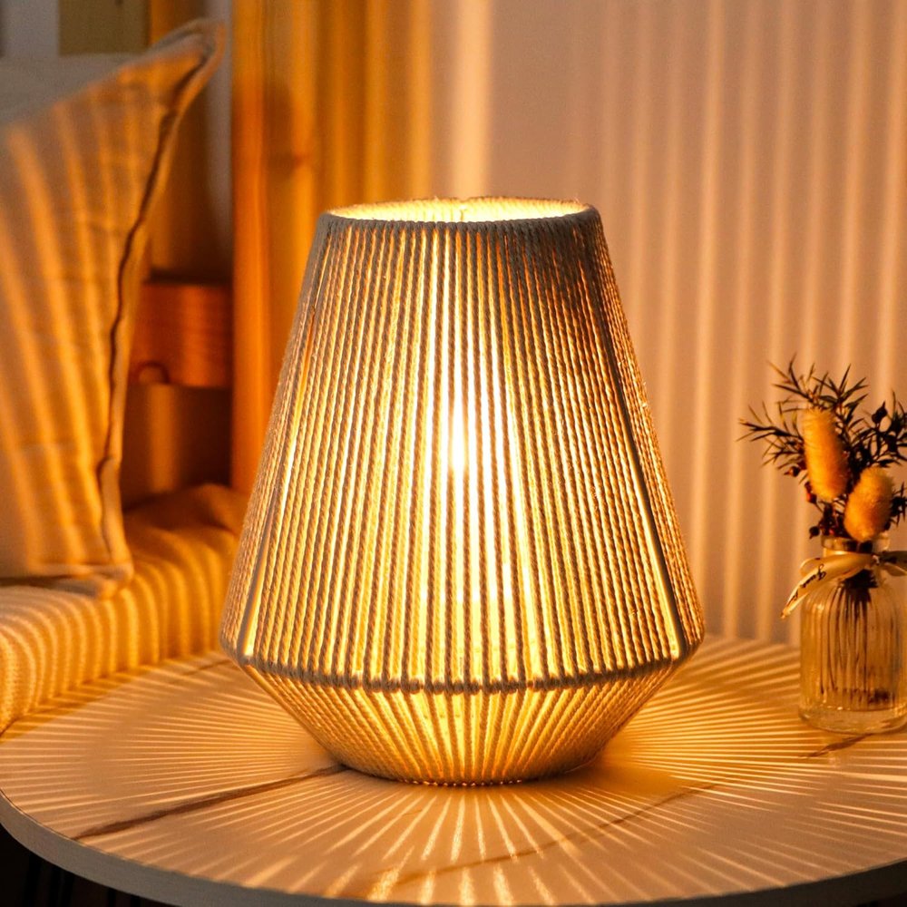 7" Beige Battery Operated Geometric String Shade Desk Lamp HomeRoots