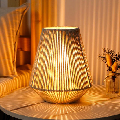 7" Beige Battery Operated Geometric String Shade Desk Lamp HomeRoots