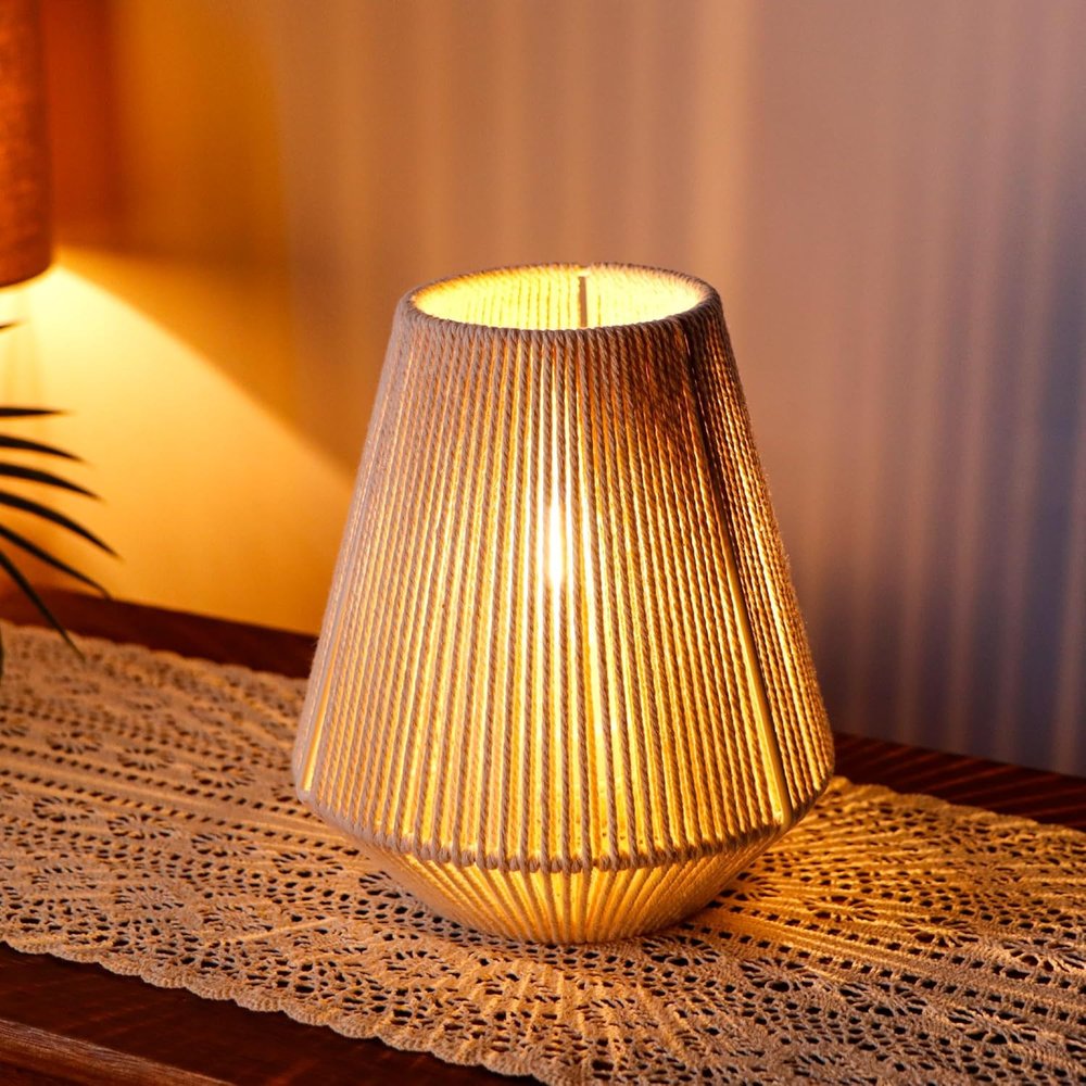 7" Beige Battery Operated Geometric String Shade Desk Lamp HomeRoots