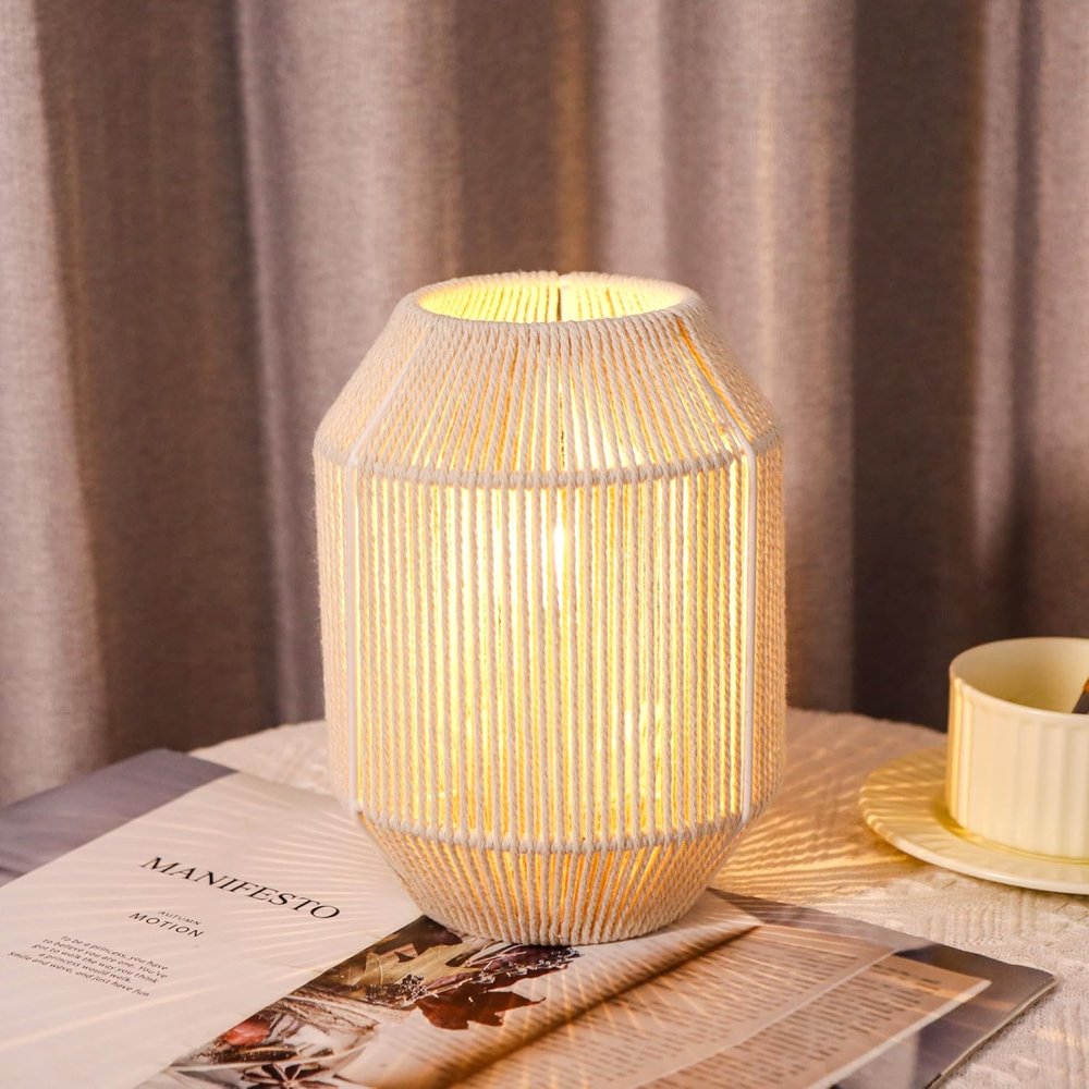 7" Beige Battery Operated Geometric Desk Lamp With Novelty Shade HomeRoots