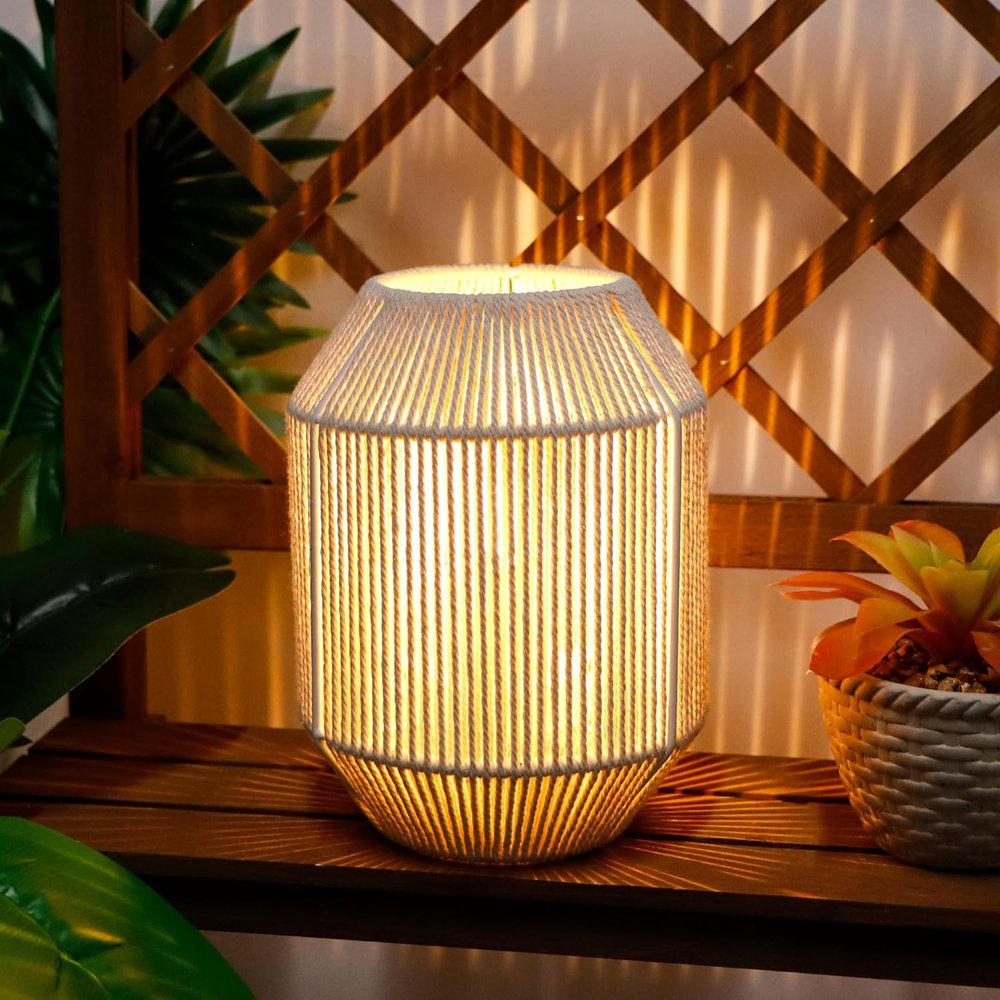 7" Beige Battery Operated Geometric Desk Lamp With Novelty Shade HomeRoots