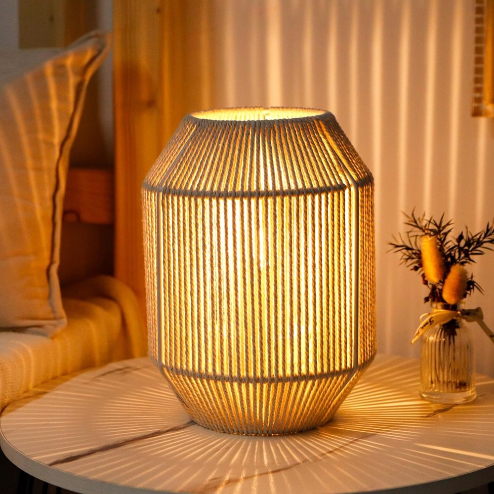 7" Beige Battery Operated Geometric Desk Lamp With Novelty Shade HomeRoots